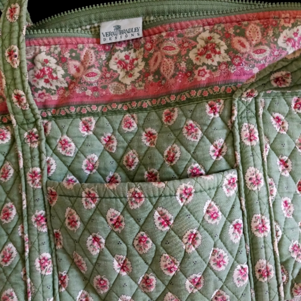 VERA BRADLEY | green, pink white tote bag/purse. One outside pocket. 16'''11